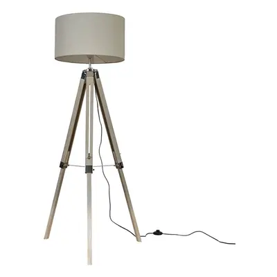 Modern Light Wood & Chrome Tripod Floor Lamp with a Beige Drum Shade