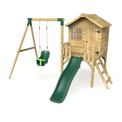 (Green) Rebo Orchard 4ft x 4ft Wooden Playhouse with Baby Swing, 900mm Deck and 6ft Slide - Plut