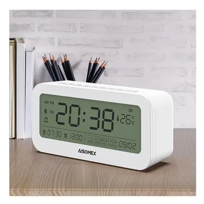 (White) Alarm Clock Speaker Bluetooth 5.0 Day Demperature Display Mode Night Light 1800mAh Batte