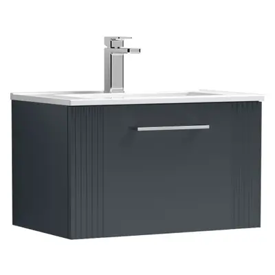 Retro Drawer Wall Hung Vanity Unit with Minimalist Tap Hole Ceramic Basin - 600mm - Satin Soft B