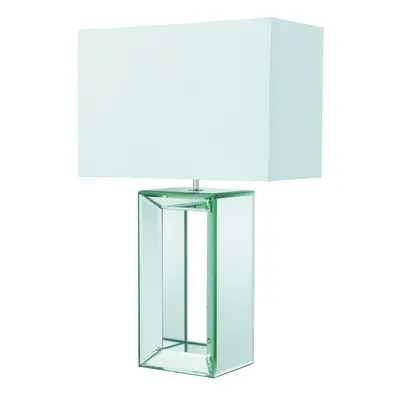 Modern Table Lamp Mirrored Glass Base With White Faux Silk Shade