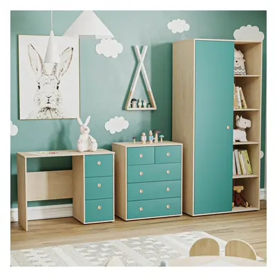 (Teal & Oak) Neptune Piece Bedroom Set Desk Drawers Wardrobe