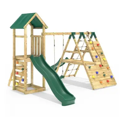 (Alverstone Green) Rebo Wooden Climbing Frame with Swings, & 8ft Slides and Climbing Wall