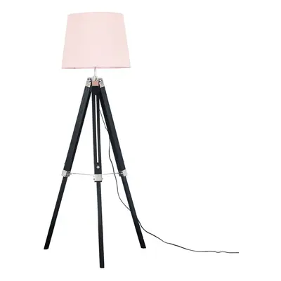 Modern Black Wood and Silver Chrome Tripod Floor Lamp with a Pink Tapered Light Shade - Complete