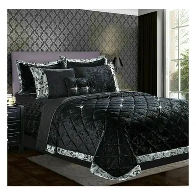 (Black, Double) Luxury Crushed Santiago Velvet Bedspread Quilted Comforter Bed Throw Bedding Set