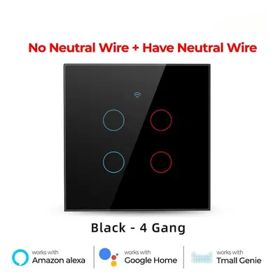 (4 Gang White) WiFi Light Switch 220V RF433 Remote Control No Neutrual Wire And Have Neutural Wi