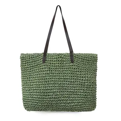 (vojensk zelen) Outdoor Portable Straw Weave Handbag Tote Beach Bag Pack Pouch Shoulder Bag