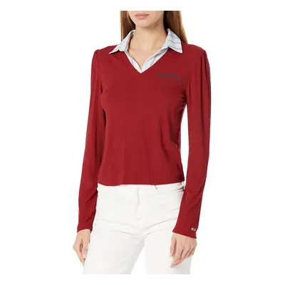 Tommy Hilfiger Women's Attached Woven Ribbed Vneck Shirt Top Sun Drie