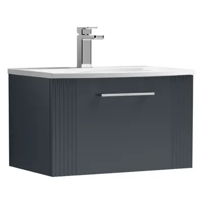 Retro Drawer Wall Hung Vanity Unit with Curved Tap Hole Ceramic Basin - 600mm - Satin Soft Black