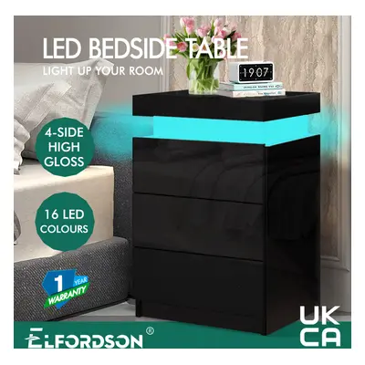 ELFORDSON Bedside Table RGB LED Nightstand Drawers Side High Gloss Black