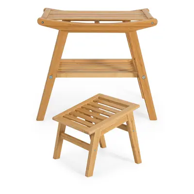 Bamboo Shower Bench and Foot Stool Set Bathroom Organizer Seat Stool