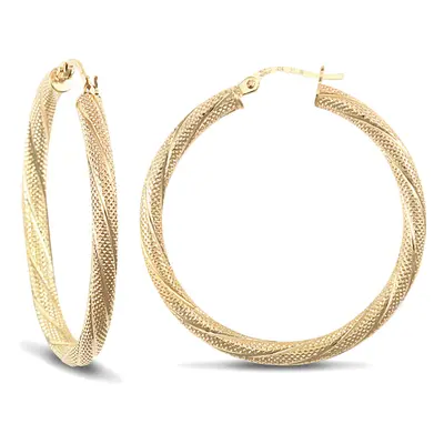 Jewelco London Ladies 9ct Yellow Gold Snake Skin Twisted 3mm Hoop Earrings 35mm - JER457E