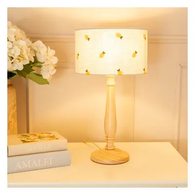 ValueLights Victoria Lemon Embroidery Shade Wooden Table Lamp & Bulb