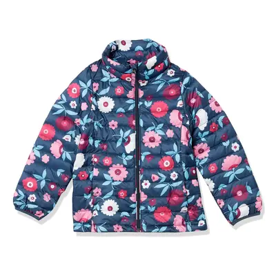 Girls' Lightweight Water-Resistant Packable Mock Puffer Jacket, Navy Floral, Medium