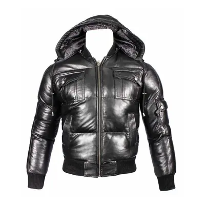 (XS) Mens Detachable Hood Leather Puffa Bomber Jacket