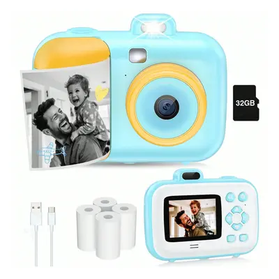 (Blue) Instant Selfie Digital Camera with Rolls Print Paper & 32G Card, 1080P Video & Print