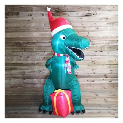 2.1m Premier Christmas Indoor Outdoor LED Inflatable T Rex Dinosaur in Santa Hat with Parcel