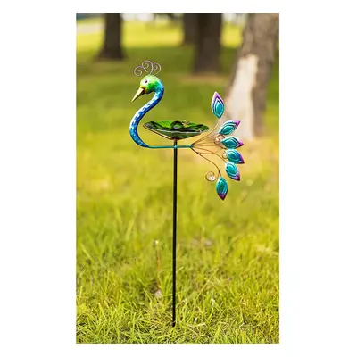 Glass Peacock Birdbath or Feeder with Stake, Hand Painted Bird Bath