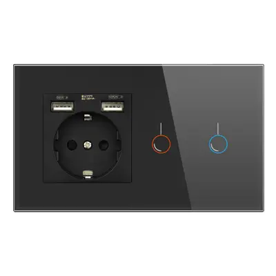 (Black) EU Touch 146*86mm 220V 16A Sensor Switch with Socket with USB Crystal Glass Panel Wall S