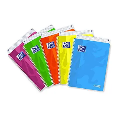 Spiral Notebook A4, Squares mm, Paper 90g/mÂ², Pack of 5, Assorted Fluo Colours