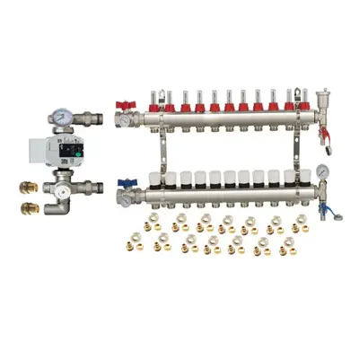 (11 PORT) Water Underfloor Heating Kit - Ports Manifold with Pump and Blending Valve Set