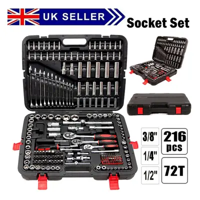 216 Pcs Professional Ratchet Socket Set 1/2"1/4"3/8" Tools Kit Toolbox