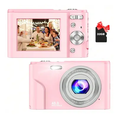 (Baby Pink) Kids Digital Camera, 1080P 48MP with 32GB SD Card, 2.4 Inch Screen, 16X Zoom, Compac