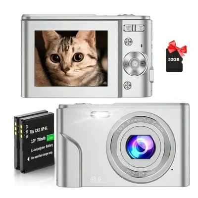 (Silver) FHD 1080P 48MP Digital Camera, 16X Zoom, Beginner-Friendly, Mini Camera with Batteries 