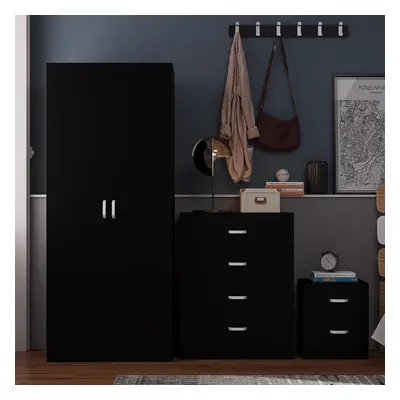 3 Piece Black Bedroom Furniture Set Chest of Drawers Wardrobe Bedside Table