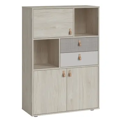 Denim Door Drawer Cabinet in Light Walnut, Grey Fabric Effect and Cashmere