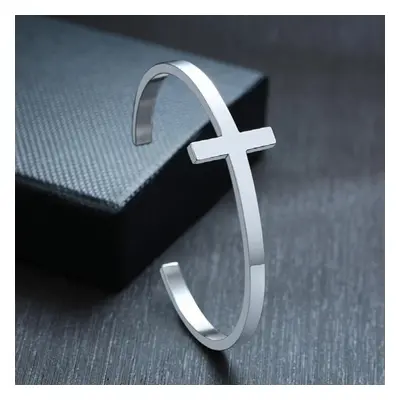 Womens 4MM Wide Stainless Steel Sideways Cross Cuff Bangle Bracelets