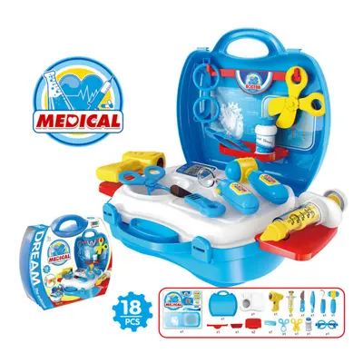 (Blue) Children Simulation Kitchen Cook Tableware Dresser Cashier Tool Suitcase Doctor House Toy