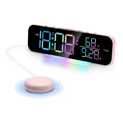 (Pink) Loud Vibrating Alarm Clock with Bed Shaker for Heavy Sleepers, RGB LED Night Light for Ho