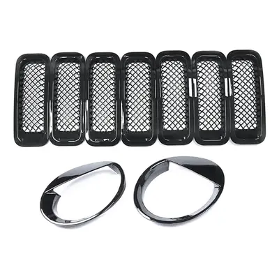 9Pcs Front Grille Grill Mesh Grille Insert Kit + Style Headlight Lamp Cover Trim for Patriot