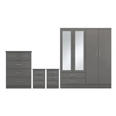 Nevada Piece 3D Effect Grey Bedroom Set - Door Drawer Mirrored Wardrobe, Drawer Chest & x Drawer