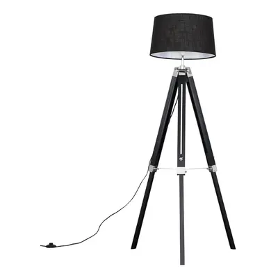 Modern Black Wood and Silver Chrome Tripod Floor Lamp with a Black Tapered Shade