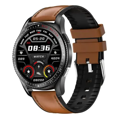 (Black&Brown-Leather + TPU) 1.28 inch Full-Touch Screen ECG+PPG Heart Rate Blood Pressure Oxygen