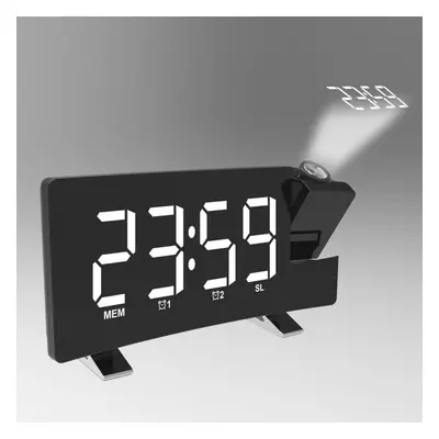 (White) Radio Projection Alarm Clock Large Screen LED Display Electronic Clock Curved Double Ala