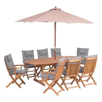 8 Seater Acacia Wood Garden Dining Set with Beige Parasol and Grey Cushions MAUI