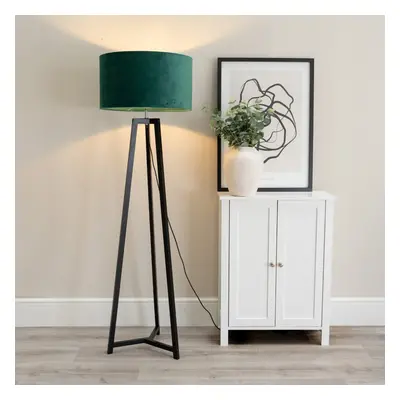 ValueLights Lottie Forest Velvet Shade Black Wood Tripod Floor Lamp