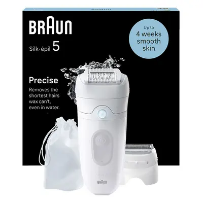 Braun Series Epilator White - Cordless & Waterproof with Tweezers, Massage Cap, Shaver Head, Tri