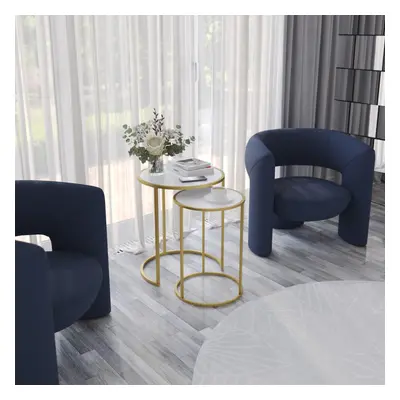 (Gold Legs White Glass) Pcs Round Nesting Side Tables Set Tempered Glass Top Metal Leg Coffee Ta