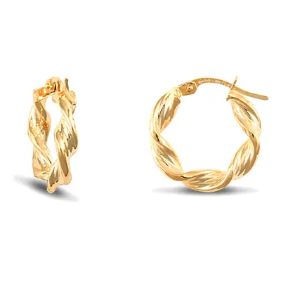 Jewelco London Ladies 9ct Yellow Gold Barked Platted Candy Twist 3.5mm Hoop Earrings 17mm - JER1