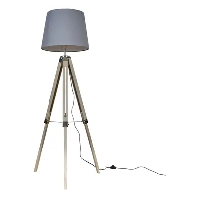 Modern Distressed Wood and Silver Chrome Tripod Floor Lamp with a Grey Tapered Light Shade