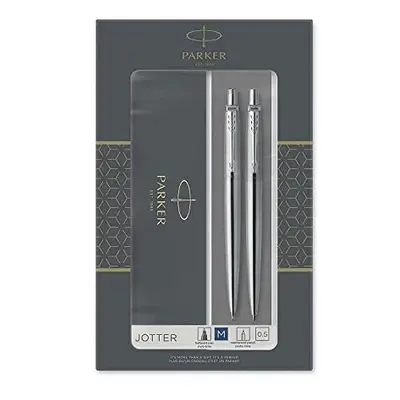 Parker Jotter Duo Gift Set with Ballpoint Pen & Mechanical Pencil (0.5mm), Stainless Steel with 