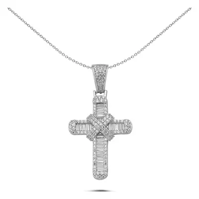 Jewelco London Unisex Rhodium Plated Sterling Silver Baguette CZ Kiss Wrap Shimmering Cross Pend