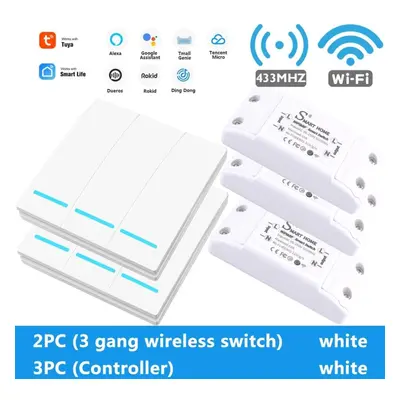 (2White-3Gang-3Controller) Smart Tuya WiFi Light Switch With RF 433Mhz Remote Control DIY Module