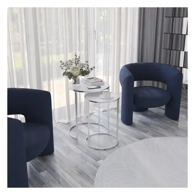 (Chrome Legs White Glass) Pcs Round Nesting Side Tables Set Tempered Glass Top Metal Leg Coffee 