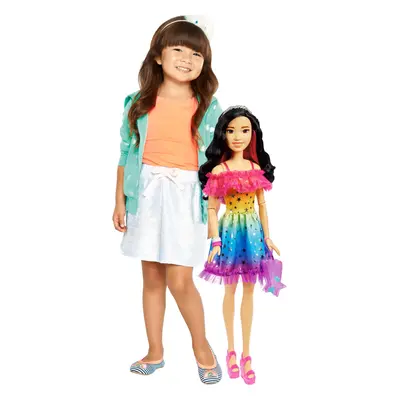 Barbie Large Doll with Black Hair Inches Tall with Rainbow Dress &