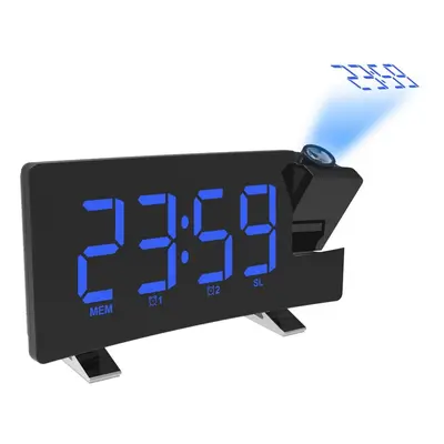 (Blue) Radio Projection Alarm Clock Large Screen LED Display Electronic Clock Curved Double Alar